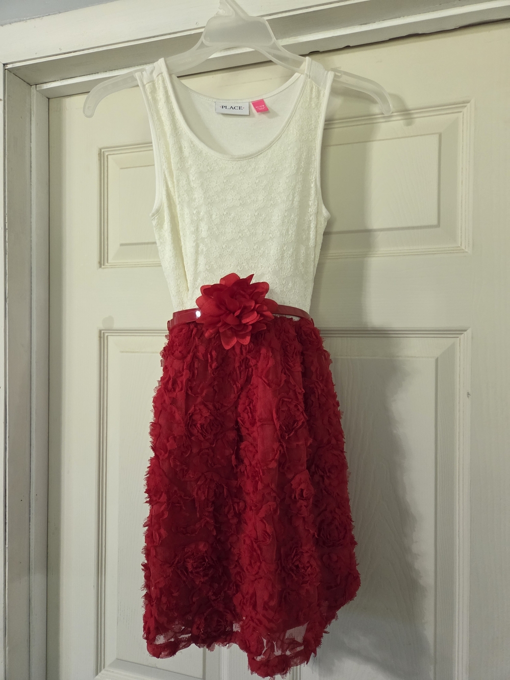 Place Girls White Lace & Ruby Red 3D Rosette Belted Party Dress